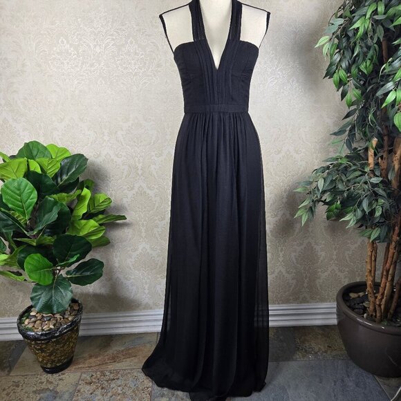 BCBGMaxAzria Starr Size 4 Black Silk Halter Maxi Dress Plunge V Neck Bustier - Picture 1 of 16